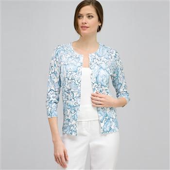 3/4 Sleeve Button Front Crew Neck Cardigan., , large